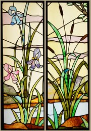 2 Antique French Stained Glass Windows, Pond Scene