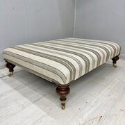 Large Antique Ottoman Stool In Linen Stripes