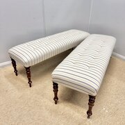 Pair Of 5’ Long Buttoned Ticking Stools