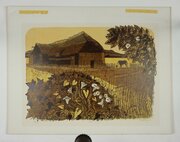 Robert Tavener Linocut Tithe Barn & Convolvulus