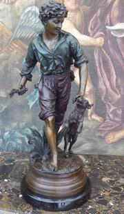 Bronze Boy And Dog Paris 1920 Height 27 Inch