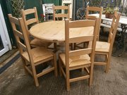 Vintage Pine Round Table & 6 Ratten Seat Chairs.