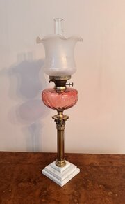 19th Century Marble And Cranberry Glass Oil Lamp