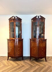 Antique mahogany marquetry inlaid corner cabinets