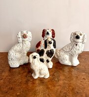 Collection Of Five Hand Painted Staffordshire Dogs