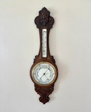 Edwardian Carved Oak Aneroid Barometer 