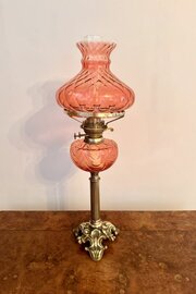 Edwardian Cranberry Glass And Brass Oil Lamp