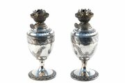 Small Pair Of Antique Silver Plated Oil Lamps