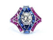 Art Deco Style Ruby Sapphire & Diamond Ring