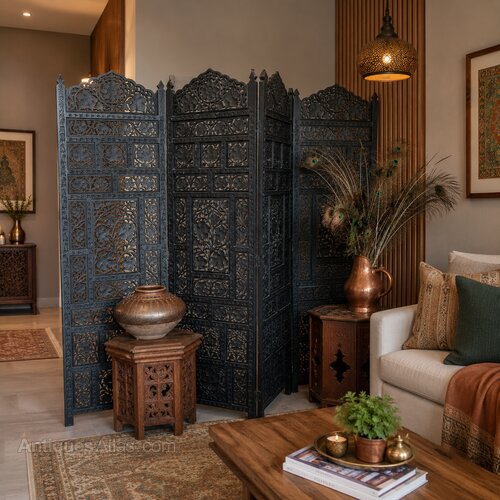 Hand Carved Indian 4 panel Screen
