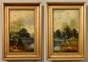 Oil Painting Pair By George Harris "Fishing On A D