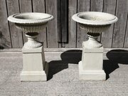Pair Of Cast Iron Urns On Stand C. 1870