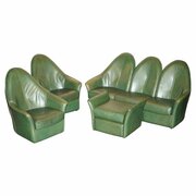  Circa 1970s Green Leather Art Modern Sofa Suite