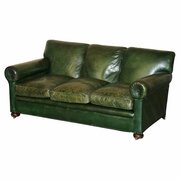  Maple & Co Stamped Victorian Green Leather Sofa