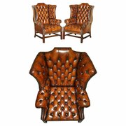 Pair Restored Georgian H Frame Wingback Armchairs