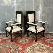 Pair Of Italian Oak Baroque Style Hall Chairs 