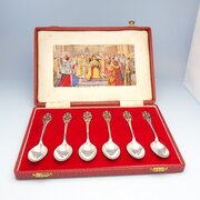 Cased 6 Silver Coronation Spoons Woven Silk Scene