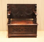 Carved Oak Monks Bench