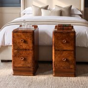 2 Antique English Art Deco Walnut Nightstands