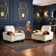 Art Deco Pair Of Walnut & Leather Lounge Armchairs