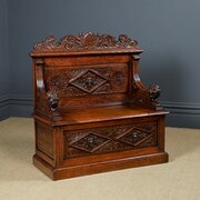 Small Victorian Oak Carved Box Settle Bench